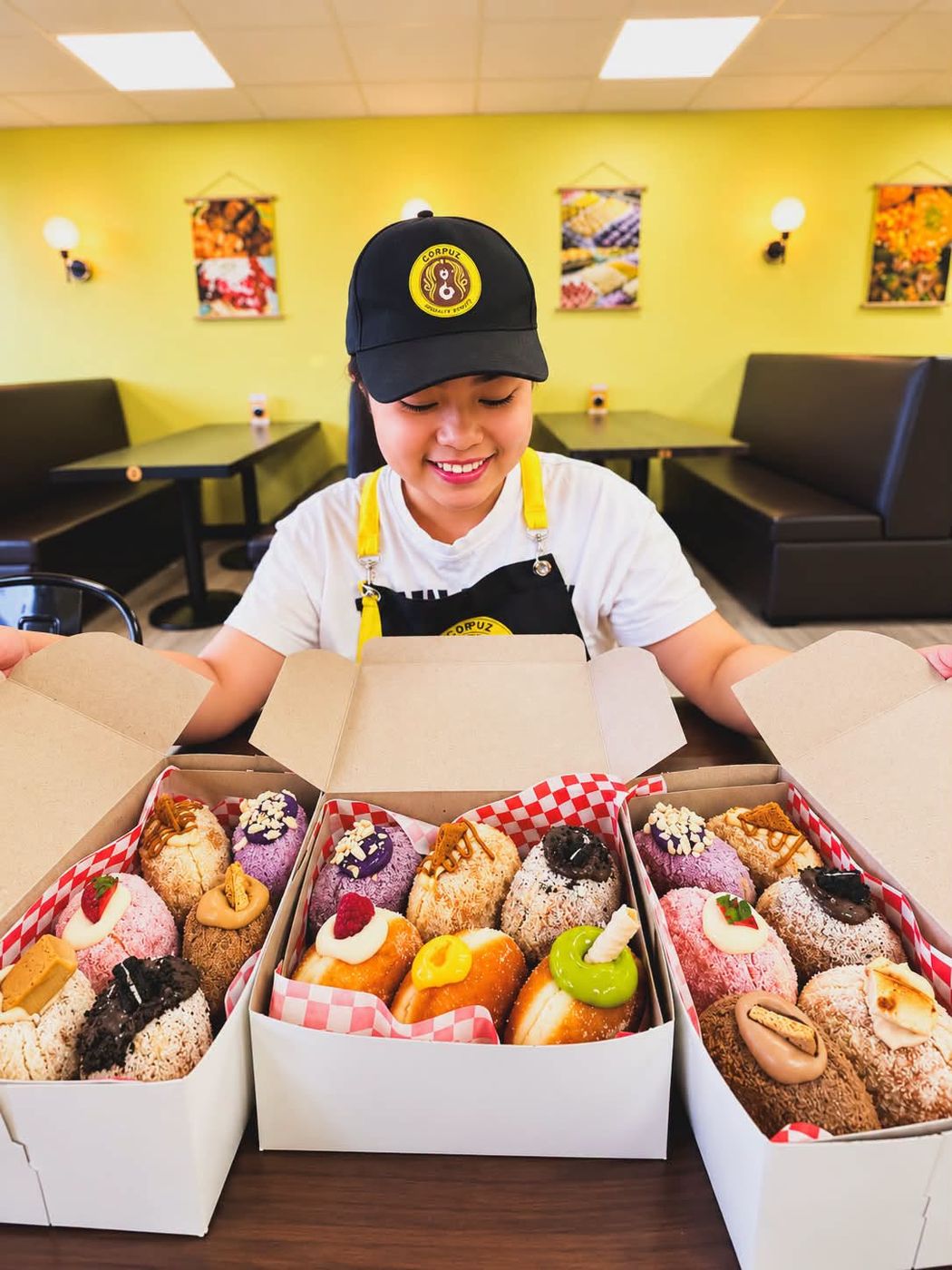 A Corpuz baker smiling over three open boxes of donuts