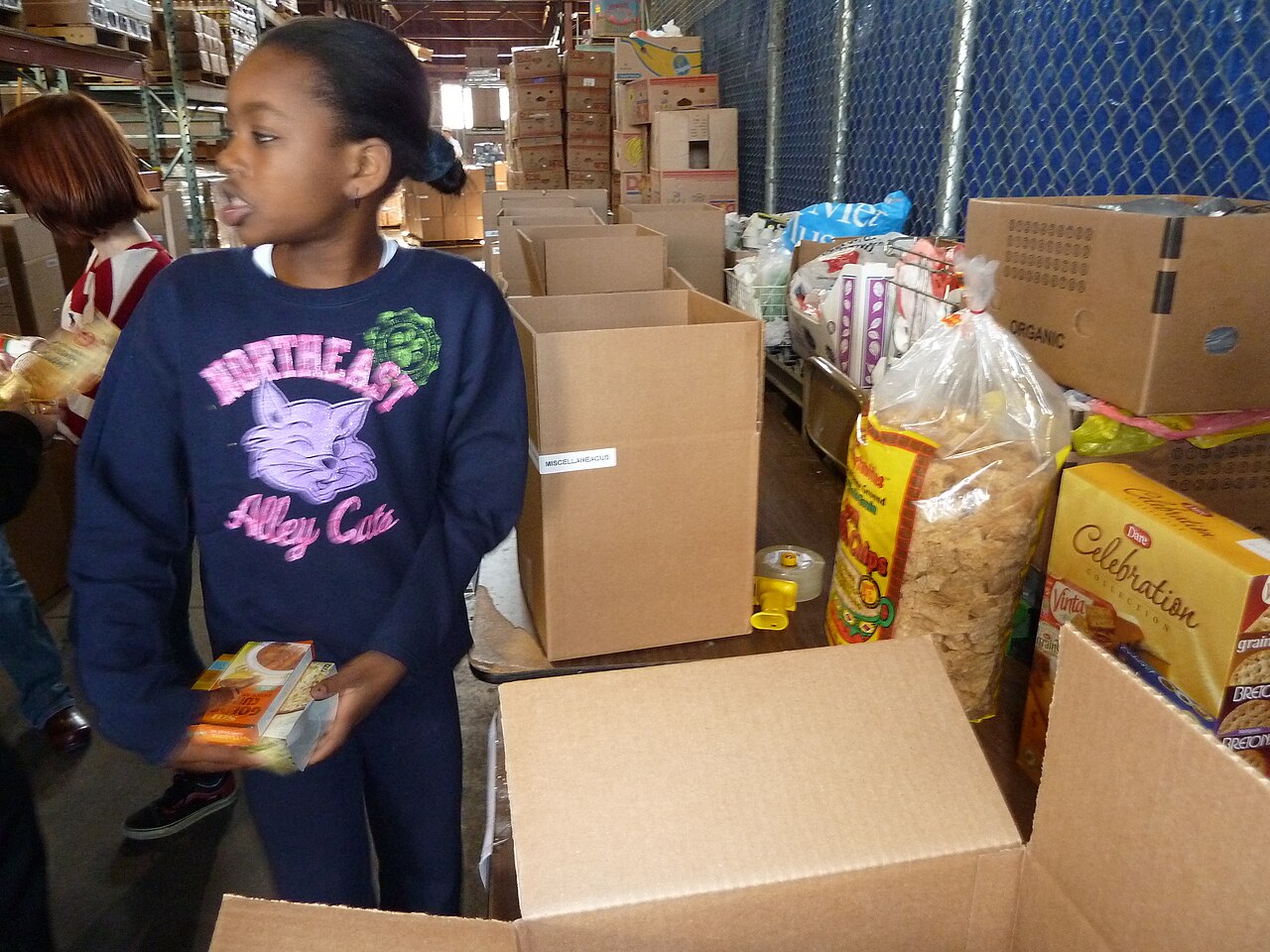 Volunteers packing donation boxes at a food bank